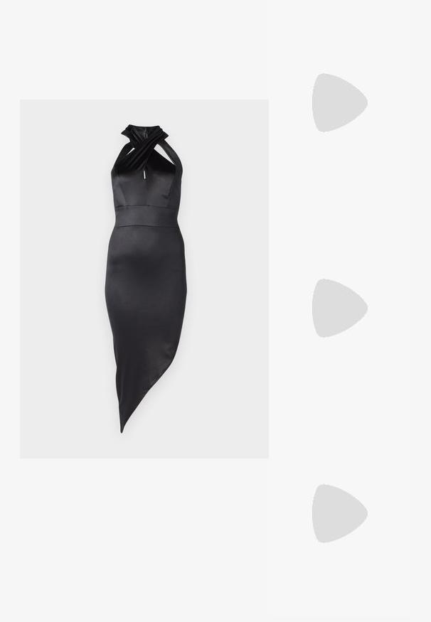 Melnas satīna halter tipa kleita ar savītu kakla izgriezumu, pieguļošu siluetu un asimetrisku apakšmalu, kas izceļas ar gludu, maigu tekstūru.; Melna ādas baleta kurpe, ar norādītu purngalu, minimālisma dizains, gluda tekstūra, zema papēža augstums, bez redzamiem aksesuāriem vai rotājumiem.; Melna ādas crossbody soma ar gludu faktūru, taisnstūrveida formu un metalizētu ķēdes detaļu priekšā. Iekļauta regulējama siksna.; Sudraba divu joslu gredzens ar gludu, pulētu virsmu. Iezīmējas ar plūstošu, izliekta dizaina struktūru ar pārklājošām sekcijām modernam izskatam.