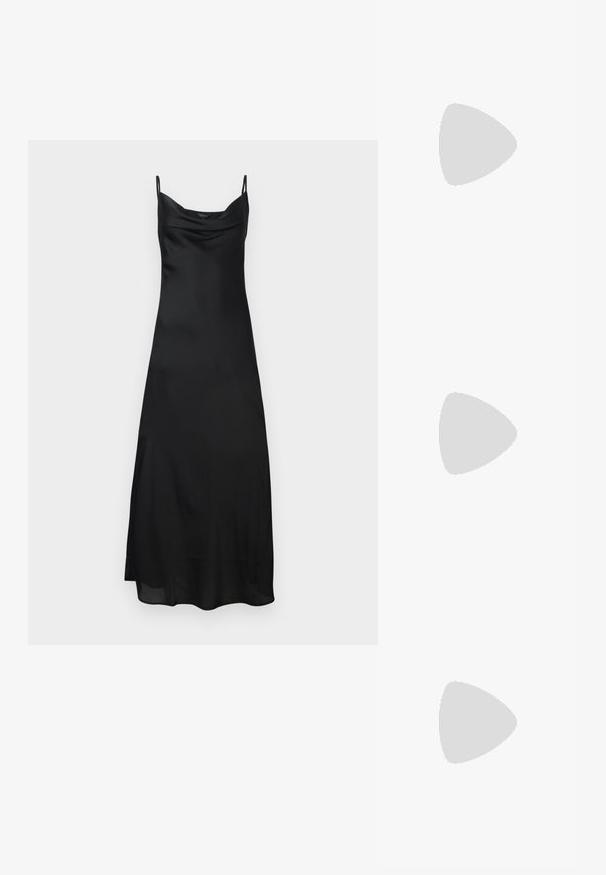 Svart satin kjole med tynne stropper, cowl-hals og en flytende silhuett. Stoffet har en glatt, blank tekstur.; Sorte patentlær slingback-sko med spiss tå, detaljer i sølv og lav blokkheel. Glatt, skinnende tekstur gjennom hele.; Svart lær crossbody-veske med glatt tekstur, rektangulær form og metallkjede detaljer på framsiden. Justerbar stroppe inkludert.; Sølv dråpeøreringer med firkantet studs, med en glatt, polert overflate og en tåreformet design som reflekterer lys med en blank overflate.