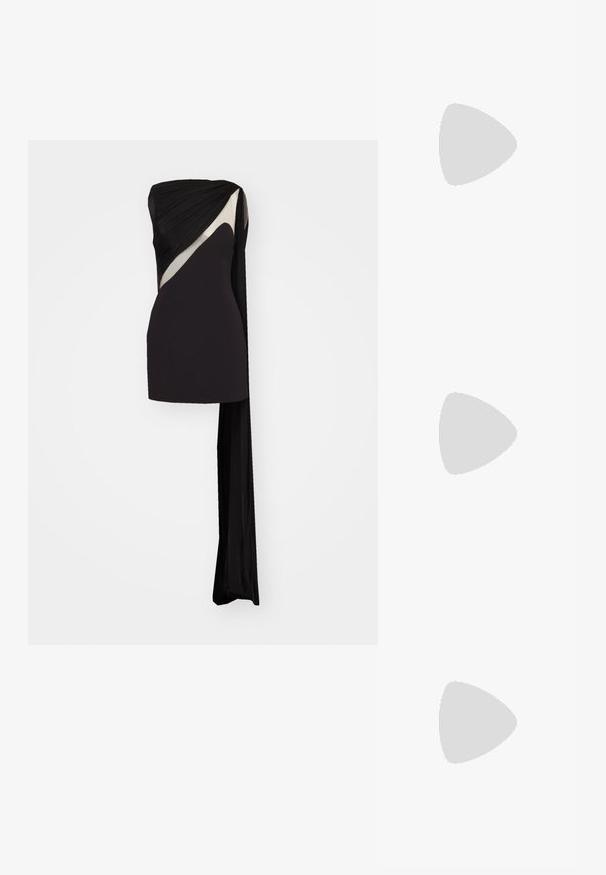 Black strapless dress with draped fabric, featuring a contrasting beige accent. Smooth texture with a flowing side panel for added detail.; Black patent leather slingback high heels with a pointed toe, adjustable ankle strap, and a moderate block heel. Smooth texture with glossy finish.; Black leather handbag with a round shape, soft texture, and a knotted handle featuring gold-tone hardware accents. Zipper closure.; Pair of irregular oval-shaped gold-toned metal earrings with a textured, slightly hammered surface on a white background.