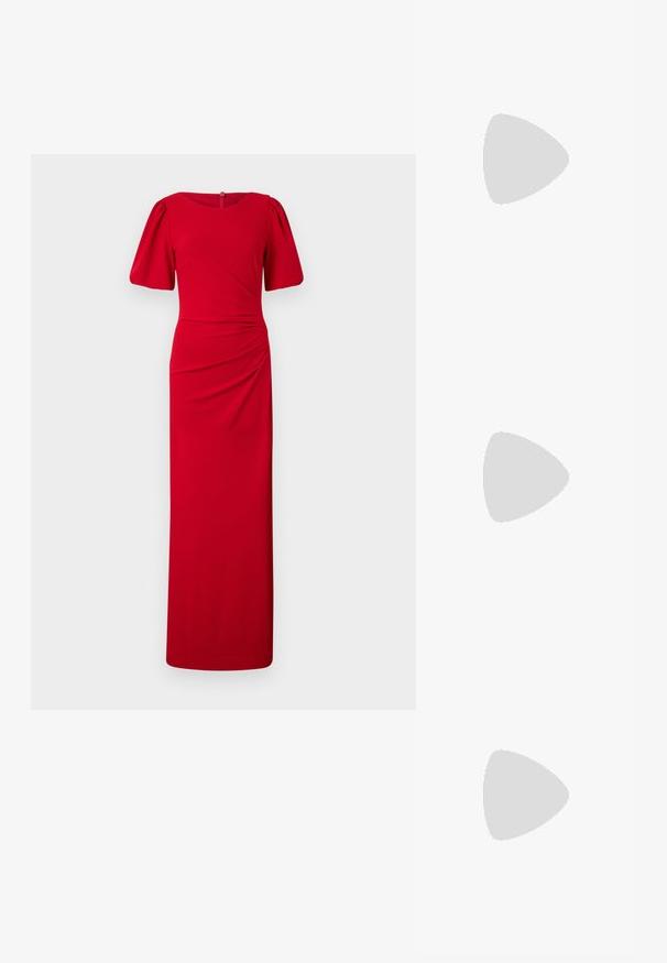 Rotes, bodenlanges Kleid mit figurschmeichelnder Silhouette, rundem Hals, kurzen Puffärmeln und Raffungselementen an der Seite. Glatte Stoffstruktur.; Blumenbluse mit langen Puffärmeln, hellcremefarbenem Grund, mit lila, orangefarbenen und grünen Blumenmustern sowie klassischem Kragen.; Weiße hochwertige Leinensneaker mit schwarzer Gummisohle, vorderem Gummizehenschutz und sechs Ösen für Schnürsenkel, die ein sauberes, minimalistisches Design aufweisen.; Rote Lederhandtasche mit einem kantigen, geometrischen Design. Verfügt über einen verstellbaren Schulterriemen und einen Klappenverschluss mit genähten Details.