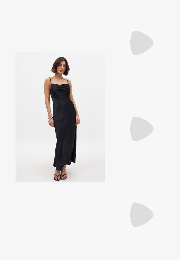 Črna satenasta obleka z ovratnikom v obliki kapuce, ozkimi naramnicami in dolžino do tal. Gladka tekstura ustvarja eleganten in prefinjen videz.; Črne patentne usnjene sandale s koničastim nosom, zankami okoli gležnja s srebrnimi sponkami in opremo ter vitkimi petami.; Črna usnjena torbica s ukrivljeno obliko, z odstranljivo naramnico in zlatimi dodatki. Torbica ima pokrov s podrobnostmi v obliki zaponke.; Zlato obarvani uhani z teksturiranimi, valovitimi oblikami. Vključujejo skulpturalne sponke za ušesa in odprto obliko obročka s kladivastim finišem.