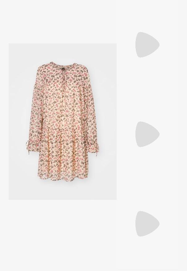 Cvečni midi obleki iz lahkega materiala, z bakrenom ozadjem, rožnato in rjavo cvetje ter nabranimi rokavi z vezalkami.; Svetlo bež usnjeni loaferji z šivanim sprednjim delom in teksturiranim črnim podplatom. Imajo ukrivljen dizajn in drobno dvigovanje.; Bela cvetlična torbica z nabranim tekstilom, zlato obarvana veriga za nošenje in kovinski ključ. Ima strukturirane cvetne liste za dodano podrobnost.; Srebrni obroči za ušesa z gladko, polirano površino. Okrogla oblika in varna zaponka s klikom. Lahka zasnova, primerna za vsakodnevno nošenje.