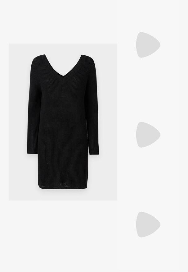 Juodas megztas suknelė su giliu V formos kaklu, ilgomis rankovėmis, įrubu tekstūra ir tiesia siluetu, demonstruojanti paprastą ir švarų dizainą.; Rudos odinės kaubojaus batai su smailiu priekiu ir blokuotu kulnu, pasižymintys detaliu siuvinėjimu ir iškiliais akcentais ant ašies.; Juodas odinis dėkliukas su atvarteliu ir auksinės metalinės sagties detalėmis. Įeina juodas diržas ir elegantiškas, minimalistinis dizainas.; Aukso spalvos žiedo auskarai, ploni ir apvalūs, su lygiu metaliniu paviršiumi be papuošimų ar raštų.