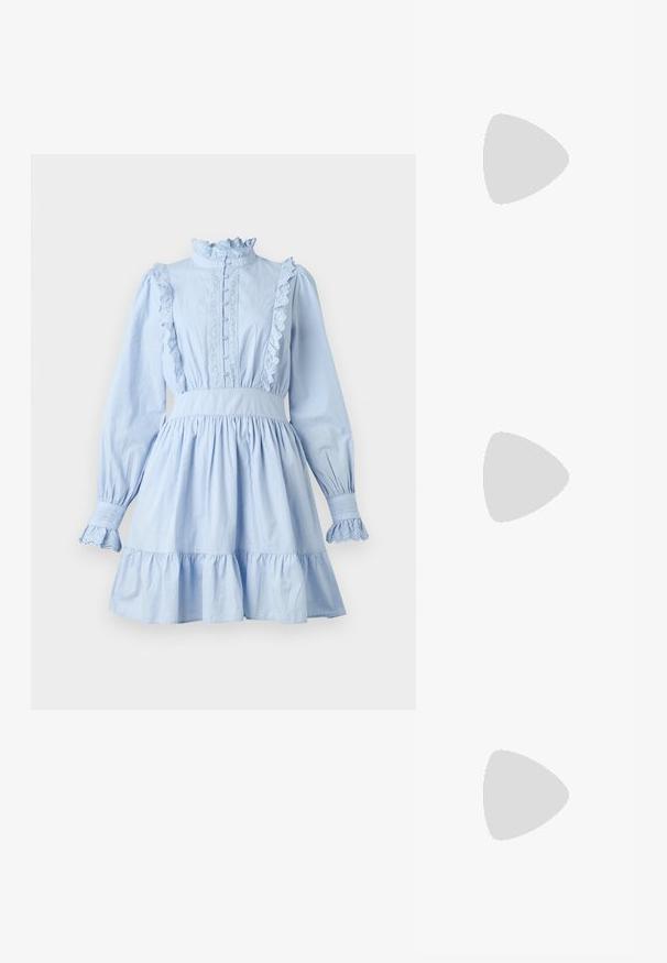 Light blue dress with long sleeves, ruffled collar, button placket, and lace accents. Features a fitted waist and flared skirt with tiered hem.; White high-heeled sandal with a chunky heel, featuring a strappy design and ankle tie. Smooth texture with a platform front for added height.; White shoulder bag with a textured finish, a central buckle accent, and a curved shape. Zipper closures on both sides.; Gold-tone hoop earrings with a smooth, polished finish. Features a half-circle shape and a secure post closure.