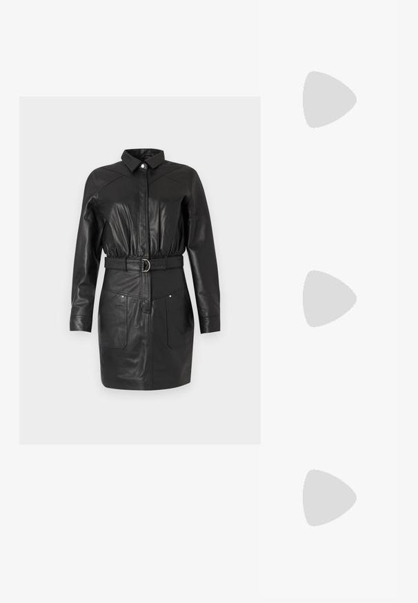 Rochie din piele neagră, cu guler, închidere cu nasturi, talie elastică, curea cu o cataramă circulară și două buzunare frontale.; Pantofi cu toc slingback din piele lacuită neagră, cu vârf ascuțit și toc geometric. Prezintă un design elegant, minimalist și o textură netedă.; Ochelari în nuanță de țestoasă maro, cu lentile ovale, brațe subțiri și accente transparente. Prezintă un logo subtil pe tâmplă. Design elegant și ușor.; Geantă din piele maro, tip crossbody, cu o formă curbată, accesorii aurii și un accent cu cataramă. Dispune de un curea de umăr detașabilă.