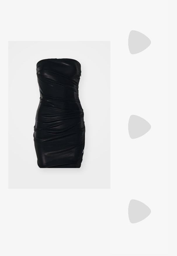 Melnas strapless kleitas ar pieguļošu dizainu, izgatavota no gludas, spīdīgas auduma. Rotāta ar savilktu tekstūru un ručņiem visā garumā.; Melnā bodijakā ar garām piedurknēm, V-veida kaklu un pieguļošu siluetu. Izgatavots no spīdīga, gluda auduma ar strukturētu apkakli un aprocēm.; Melni augstpapēžu apavi ar norādītu purngalu, ar krokodila ādas tekstūru, izceļoties ar elegantu dizainu, augstu stiletto papēdi un gludu melnu interjeru.; Nanushka JEN - Rokassoma - black