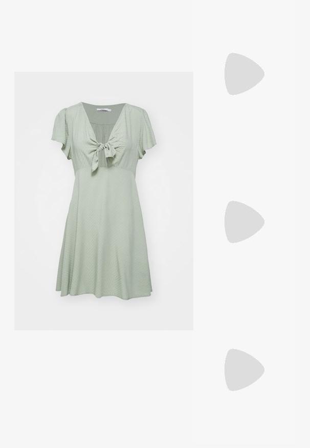 Short-sleeve, A-line dress in light green, featuring a front tie detail and textured fabric. Flowy silhouette, knee-length design.; Pointed-toe high heel shoe with a silver, gold, and nude color scheme. Glossy finish with cutout design, featuring a stiletto heel.; Silver metallic pouch bag with a soft, rounded shape and a knotted top closure. Made from smooth faux leather material.; Silver hoop earrings with a twisted design, featuring a polished finish and post-back closure. Measure approximately 3 cm in diameter.