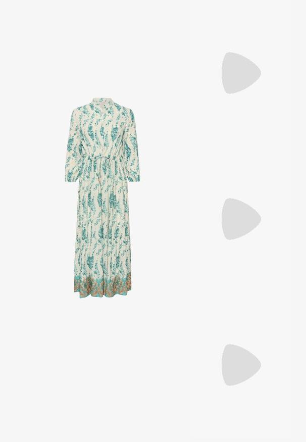 Lång, ljus klänning med blommönster i teal och vitt. Har hög ringning, långa ärmar och en dekorativ guldkant.; Vit slingbackklack med spetsig tå, slät ovandel, låg blockklack och sidoutskärning med justerbar spänne.; Runda solglasögon med mörka linser och guldramar. Modellen bär en ljusblå, ribbad cardigan med knappar och kontrasterande vita ärmar.; Michael Kors handledos i beige belagd kanvas med ett upprepande MK-logomönster, gyllene detaljer och ett avtagbart kedjehandtag.