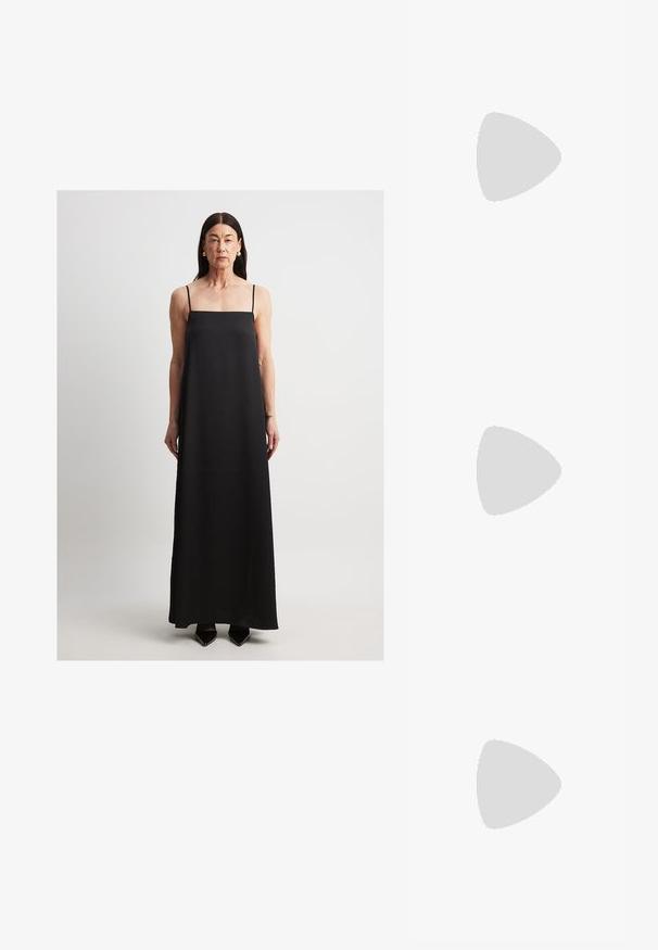 NA-KD DÜNNE TRÄGER - Maksi suknelė - black; Juodos lakuotos odinės šlepetės su smailiu pirštu ir geometriniu bloko kulnu. Turi elegantišką, minimalistinį dizainą ir lygų paviršių.; Juodas odinis krepšys su išlenkta forma, nuimamu dirželiu ir auksiniais detalėmis. Krepšys turi kilpą su sagtimi.; Auksinės tonacijos auskarai-žiedai su lygiu, poliruotu paviršiumi. Yra pusmėnulio forma ir patikimas užsegimas.