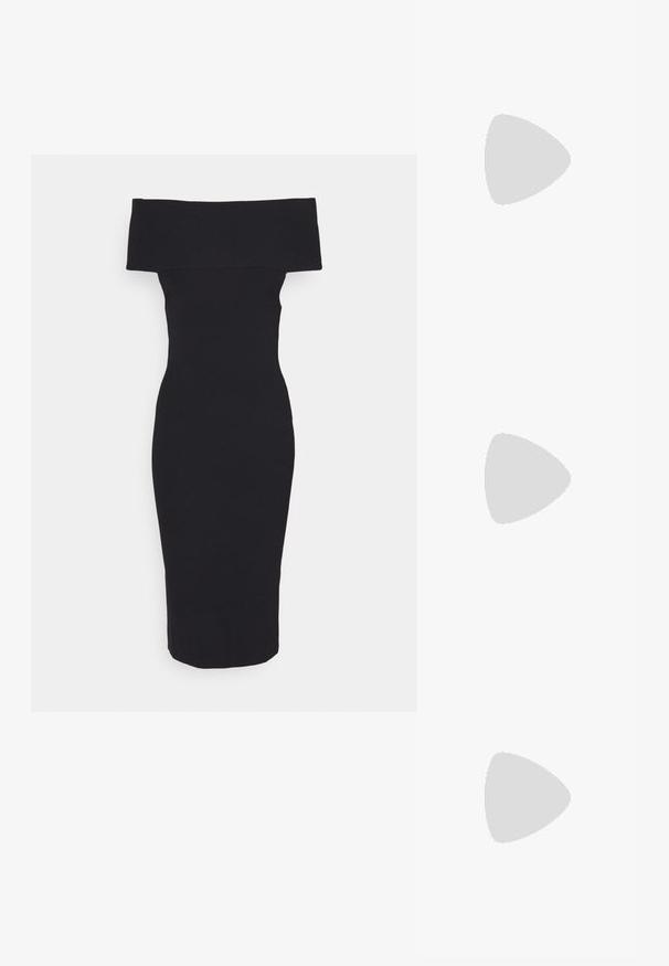 Rochie neagră, fără umeri, realizată din țesătură tricotată cu riburi, cu un design ajustat, de lungime până la genunchi, fără modele sau accente, textură netedă.; Pantofii slingback din piele neagră, cu vârful ascuțit, curele decorative cu ochiuri din metal și toc bloc mic. Suprafață texturată.; Geantă din piele neagră în stil bucket, cu un finisaj texturat, accente din metal auriu și un compartiment deschis. Dispune de o mânere scurtă și un curea de umăr ajustabilă.; Două cercei în formă de aripi, fabricati din metal de culoare argintie cu strassuri rotunde, clare, și accente din metal de culoare aurie într-un design stratificat.