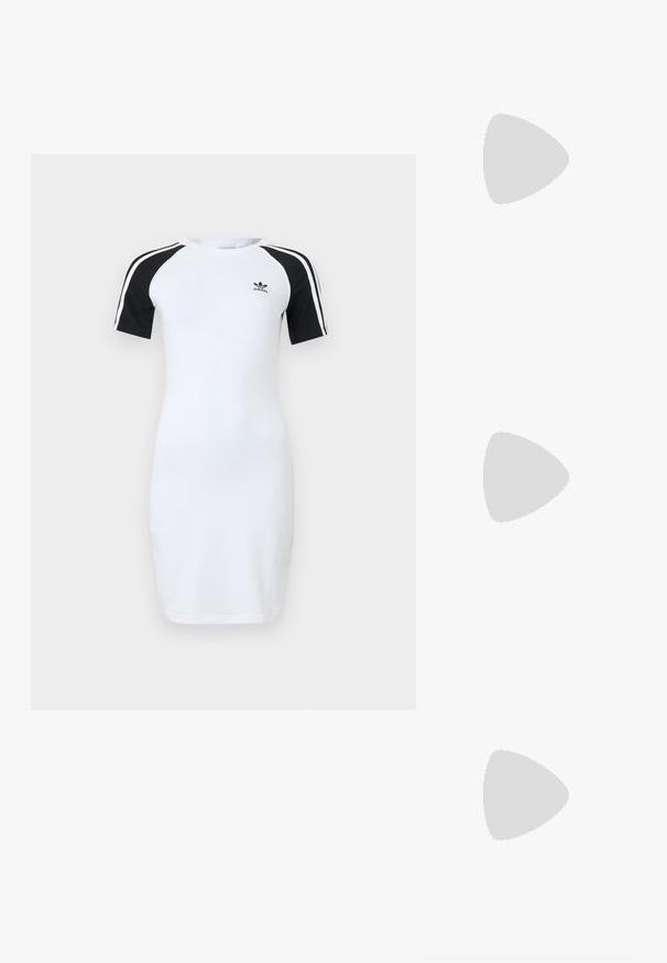 White short-sleeve dress with black raglan sleeves, featuring black horizontal stripes and a small black Adidas logo on the chest.; White cotton t-shirt featuring a large, bright red lobster graphic on the front. Short sleeves and standard crew neck design.; White high-top canvas sneaker with black rubber sole, front rubber toe cap, and six eyelets for laces, featuring a clean, minimalist design.; Red leather handbag with an angular, geometric design. Features a single adjustable strap and a flap closure with stitched detailing.