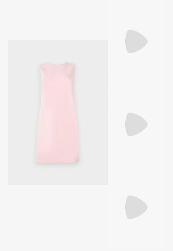 Sleeveless dress in soft pink fabric, featuring a simple A-line shape, round neckline, and smooth texture without patterns or embellishments.; Black pointy-toed slingback shoe with a low heel, featuring smooth leather material and cut-out design on the side for breathability.; Black leather shoulder bag with a soft texture, triangular shape, and adjustable strap, paired with a light blue striped shirt and white pants.; Three metal rings: one rose gold, one gold with textured accents, and one silver, all with engraved branding on the inner band.