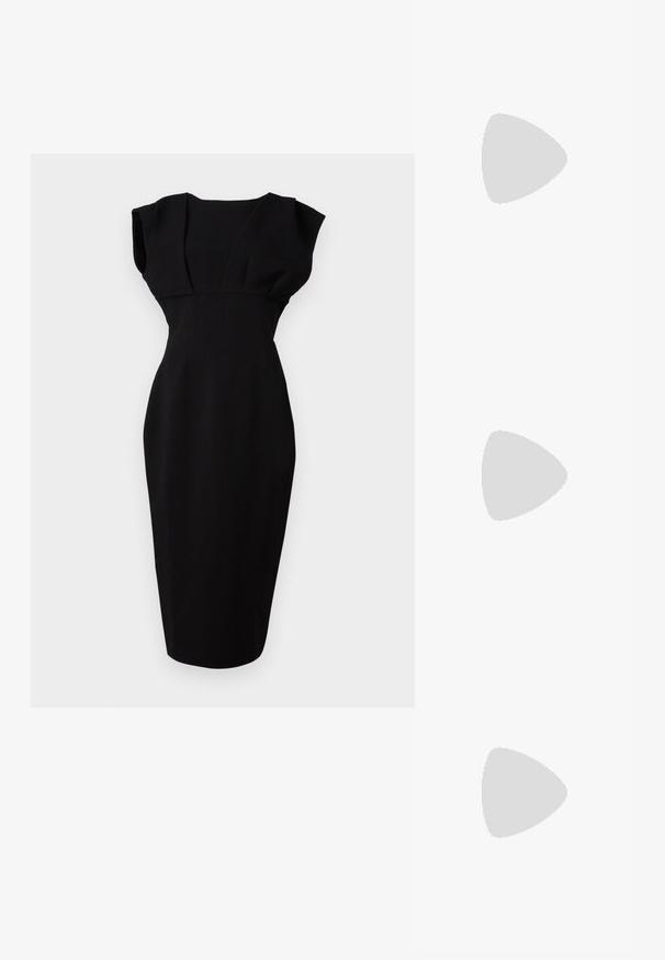 Black fitted dress with cap sleeves, structured bodice, and a pencil silhouette. Smooth, matte fabric with no visible patterns or embellishments.; Stuart Weitzman EMILIA MARY JANE FLAT - Ankle strap ballet pumps - black; Brown textured leather crossbody bag with gold chain strap and flap closure. Front features logo detail and a pocket under the flap.; Two wing-shaped earrings featuring silver-tone metal with clear, round-cut rhinestones and gold-tone metal accents in a layered design.