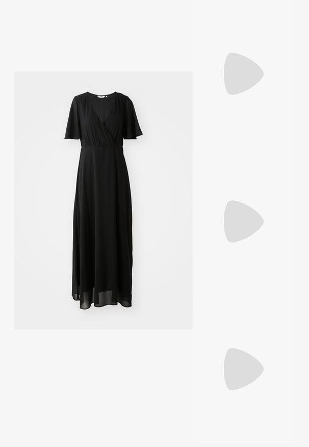 Black maxi dress made of lightweight fabric, featuring a wrap front, V-neck, short flutter sleeves, and a flowing skirt.; Black patent leather slingback shoe with pointed toe, ankle straps featuring silver buckles and hardware, and a slender heel.; Gold metallic handbag with a structured design, smooth texture, and adjustable strap. Features a unique triangular shape and minimalist stitching.; Gold-tone earrings featuring textured, wavy shapes. Includes sculptural clip-on studs and open hoop design with a hammered finish.