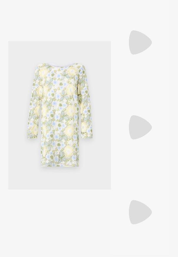 Bruuns Bazaar YVONNE BLUCILLE DRESS - Denné šaty - multi coloured; Čierne sandále na vysokom podpätku majú tenké remienky s uzlovým dizajnom, hladký štvorcový špičku a elegantný stiletto podpätok.; Svetlošedá metalická kabelka s reťazovým popruhom, ozdobená malými kruhovými kovovými štítkami a trojuholníkovým logom značky.; Strieborné kruhové náušnice s hladkým a lesklým povrchom. Okrúhly tvar, ľahký dizajn, s uzáverom na kolík.