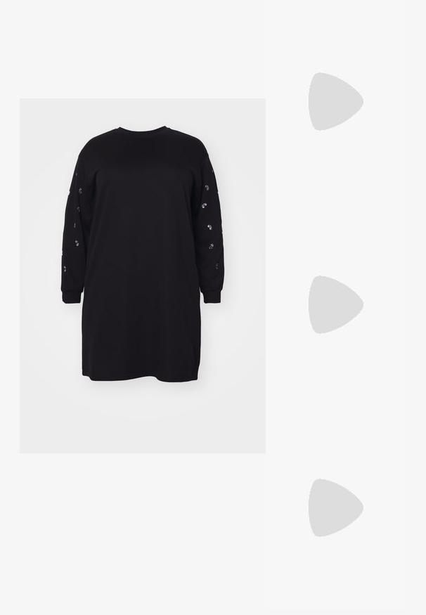 Vero Moda Curve VMCDORA ONECK SHORT DRESS  - Denné šaty - black; Čierne lakované kožené sandálové podpätky s špicatou špičkou a geometrickým blokovým podpätkom. Disponujú elegantným, minimalistickým dizajnom a hladkým povrchom.; Čierna kožená kabelka s zaobleným tvarom, odnímateľným popruhom a zlatými doplnkami. Kabelka má klopu s detailom s prackou.; Zlaté kruhové náušnice s hladkým, lesklým povrchom. S polkruhovým tvarom a bezpečným zapínaním na kolík.