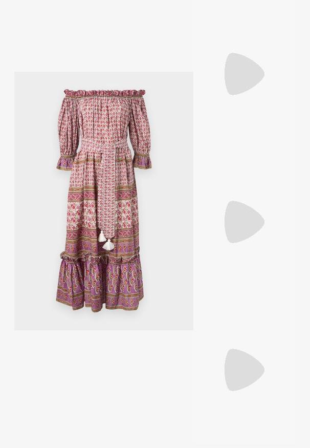 MILLE PALOMA DRESS - Dnevna obleka - purple; Bela kratka majica s kratkimi rokavi iz rebrastega materiala. Okrogla ovratnica, običajen kroj in subtilni šivi. Brez vzorcev ali grafik.; Črne usnjene balerinke z zaobljenim nosom, gladko teksturo, minimalnimi šivi in fleksibilno zasnovo podplata.; Rjava usnjena torbica s poklopcem, zlato obarvani okovi, naramnica in gladka tekstura. Kompaktna pravokotna oblika.