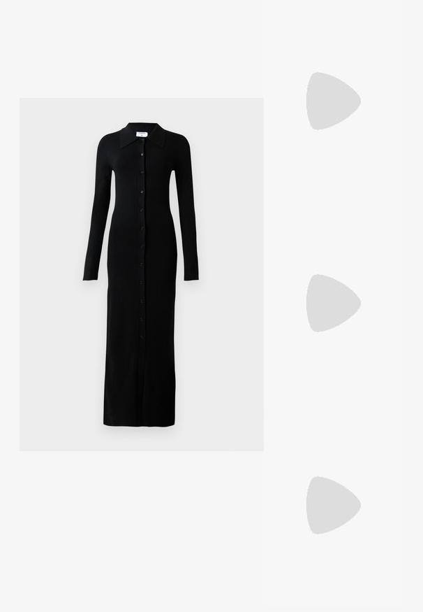 Musthave mustriba pika varrukaga kleit, millel on krae, täielik nööbistamine ees ja keha järgnev siluett.; Valged nahast tossud, madala ülaservaga disain, millel on sile tekstuur, ümar varvas, nööridega esiosa ja väike tikand logoga küljel.; Must mustast mustakoti, millel on kuldne riistvara ja millel on lukuga sulgemine. Kanda üle keha halli kampsuni peal.; Kuldse tooni sõlm kõrvarõngad, millel on keeratud disain. Igal kõrvarõngal on ringikujuline läbipaistev tagaosa, mis tagab kindla kandmise.