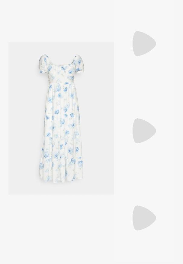 Hollister Co. RUCHED BUST MAXI  - Maksi suknelė - river; Balti slingback kulniukai su smailiu pirštu, lygia viršutine medžiaga, žemu blokuotu kulnu ir šoniniu išpjovimu su reguliuojamu sagtimi.; Apskriti saulės akiniai su tamsiais objektyvais ir auksiniais rėmeliais. Modelis vilki šviesiai mėlyną, raukinį kardiganą su mygtukais ir kontrastingomis baltomis rankovėmis.; Michael Kors rankinė smėlio spalvos dengto kanvoje su pakartotiniu MK logotipo raštu, auksinėmis detalėmis ir nuimamu grandininiu dirželiu.