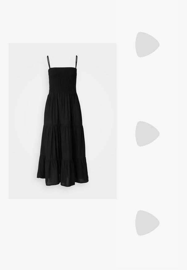 Rochie neagră, fără mâneci, cu un corset smockat și o fustă în straturi, fluidă. Fabricată dintr-un material ușor, cu bretele ajustabile.; Pantofii slingback din piele lăcuită neagră, cu vârf ascuțit, bretele pentru gleznă cu catarame și accesorii din argint, și un toc subțire.; Geantă de umăr metalică aurie cu un design structurat, textură netedă și curea reglabilă. Prezintă o formă triangulară unică și cusături minimaliste.; Cercei aurii cu forme texturate și ondulate. Include studs sculpturale cu clip și un design de cerc deschis cu un finisaj cioplit.