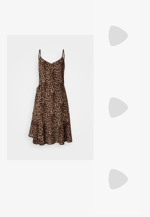 Kleid mit Leopardenmuster, dünnen Spaghettiträgern, V-Ausschnitt, Knopfdetails, tailliertem Schnitt und ausgestelltem Saum aus einem weichen, leichten Stoff.; Beige flache Sandale mit mehreren schlanken Riemen und einer verstellbaren Schnalle. Die Sohle ist flach und hat einen leichten dunklen Kontrast am Rand.; Weiße Kunststoffsonnenbrille mit rechteckigem Rahmen, braunen Gläsern und einem goldenen Akzent an den Bügeln. Glatte Textur und modernes Design.; Weiße strukturierte Handtasche mit kurzen Griffen und einem Schultergurt, ausgestattet mit goldfarbenen Hardware-Elementen und strukturiertem Material, vor einem grauen Hintergrund präsentiert.