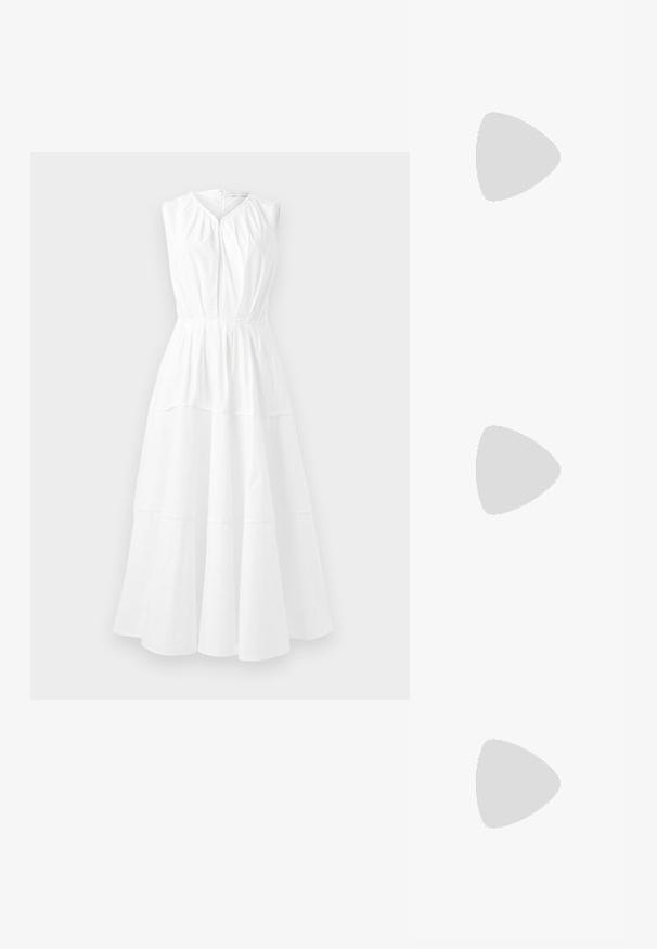 White sleeveless dress with a round neckline, gathered bodice, and tiered A-line skirt, featuring a smooth, lightweight fabric.; Black patent leather Mary Jane shoes feature a rounded toe, two adjustable buckle straps, and a low block heel. Smooth texture, minimalist design.; Gold-tone oval sunglasses with dark lenses, featuring a sleek design, thin arms, and a black accent at the temple. Model number L37.; Gold rectangular wristwatch with a minimalist design, featuring a cream dial, gold hands, and a metal link bracelet. Markings include brand name.