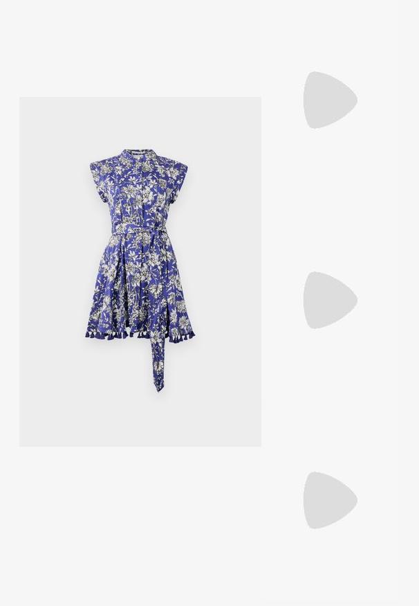 Blue floral dress with a shirt collar, short sleeves, and a cinched waist. Features a flared skirt and ruffled hem with a matching belt.; Black patent slingback heel with a pointed toe, featuring textured snake print, adjustable strap, and a short, textured block heel.; Black leather crossbody bag with two front pockets, gold buckles, zipper closure, and a slim strap. Textured surface and compact rectangular shape.; Gold-tone metal hoop earrings with a curved, elongated shape. Features a smooth, shiny surface and a rounded tip for added detail.