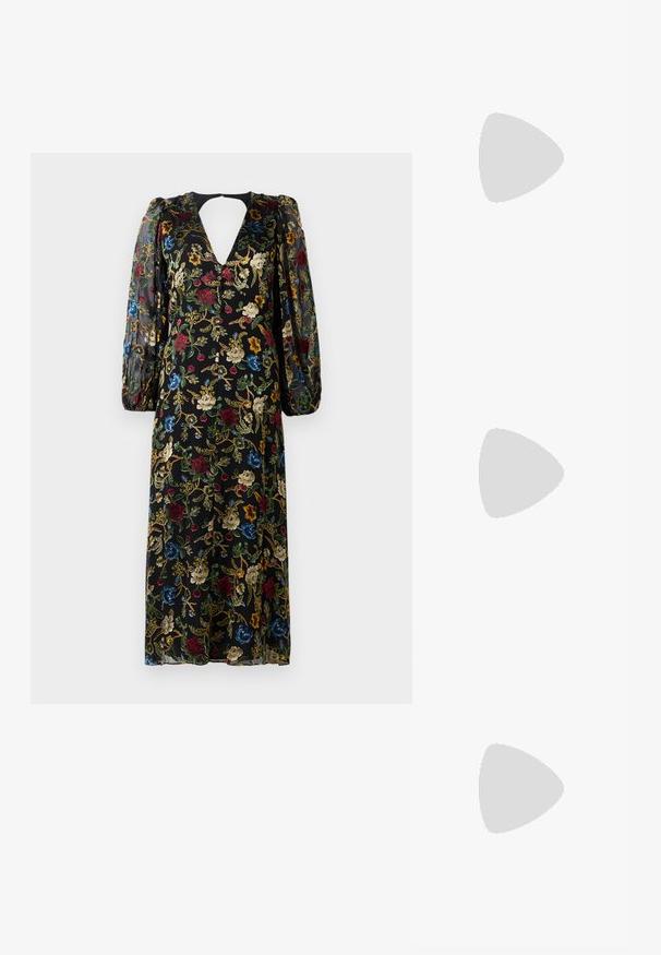 Black floral dress featuring a deep V-neck and sheer, puffed sleeves. Embroidered with multicolored flowers and intricate designs.; Black leather high-heeled mules with an open toe, pointed design, smooth texture, and a slim stiletto heel.; Silver metallic handbag with chain handle, quilted texture, decorative stitching, and a zip closure. Features embossed accents on the front.; Silver metallic handbag with chain handle, quilted texture, decorative stitching, and a zip closure. Features embossed accents on the front.; Square stud earrings featuring a deep burgundy center with a gold-tone, textured frame. Smooth surface with rounded edges.