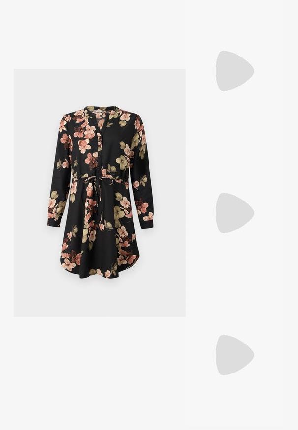 Robe noire avec un motif floral en rose et or, dotée de manches longues, d'un devant boutonné et d'une taille cintrée avec un lien.; Chaussure slingback en cuir verni noir avec un embout pointu, des brides de cheville avec des boucles en argent et des éléments en métal, et un talon fin.; Sac à main en métal doré avec un design structuré, texture lisse et bandoulière ajustable. Présente une forme triangulaire unique et des coutures minimalistes.; Boucles d'oreilles dorées présentant des formes texturées et ondulées. Comprend des clips sculpturaux et un design de créoles ouvertes avec une finition martelée.