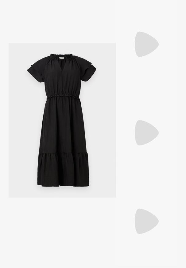 Black dress with short, flutter sleeves, a V-neck, an elastic waistband, and a tiered, ruffled skirt. Made from lightweight fabric.; Pointed-toe high heel shoe with a silver, gold, and nude color scheme. Glossy finish with cutout design, featuring a stiletto heel.; Silver metallic pouch bag with a soft, rounded shape and a knotted top closure. Made from smooth faux leather material.; Silver hoop earrings with a twisted design, featuring a polished finish and post-back closure. Measure approximately 3 cm in diameter.