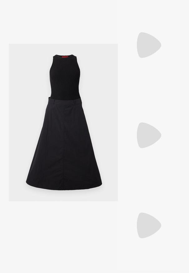 Musta mekko, jossa on ribbattu hihaton vartalo ja virtaava hame. Kangas on sileä ja siinä on hienoinen kiilto.; Valkoinen lyhythihainen t-paita, joka on valmistettu ribbytedusta kankaasta. Pyöreä pääntiie, normaali istuvuus ja hienovaraiset ompeluyksityiskohdat. Ei kuvioita tai grafiikkaa.; Musta nahkainen ballerina, jossa on pyöristetty kärki, sileä pinta, minimaalinen ommelkoristelu ja joustava pohjamuotoilu.; Ruskea nahkainen käsilaukku, jossa on läppäkiinnitys, kultasävyiset yksityiskohdat, olkahihna ja sileä pinta. Kompaktin suorakaiteen muotoinen.