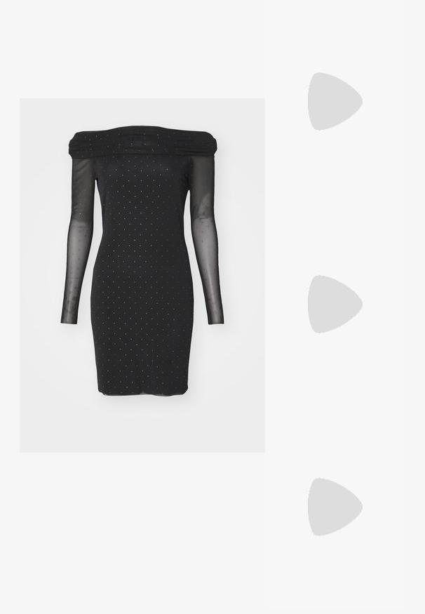 Čierna off-shoulder šaty s priesvitnými dlhými rukávmi, ozdobené malými striebornými bodkami a priliehavým strihom. Hladká textúra po celom povrchu.; Čierne kožené baletky, špicatý špička, minimalistický dizajn, hladká textúra, nízky podpätok, bez viditeľných prvkov alebo ozdôb.; Čierna kožená crossbody taška s hladkou textúrou, obdĺžnikovým tvarom a kovovým reťazovým detailom na prednej strane. Súčasťou je nastaviteľný popruh.; Zlaté kruhové náušnice s textúrovaným dizajnom a tromi priehľadnými kryštálovými akcentmi na jednej strane, ktoré ponúkajú moderný geometrický estetický vzhľad.