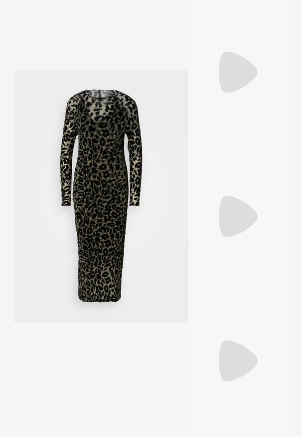 Pikkade varrukatega, kehaümbermähkuv kleit, mis on valmistatud läbipaistvast kangast. Must leopardi muster tuhmrohelisel taustal. Põrandani ulatuv disain.; Mustad nahast slingback kontsad terava ninaga, millel on õhuke konts ja kuldse tooni aktsent reguleeritaval rihmal. Sile tekstuur.; Must mustrist käekott, millel on struktureeritud disain, lühendatud kuju, ülemine käepide ja kuldne metallist detail. Reguleeritav õlalihm on kaasas.; Kuldse tooniga käevõru, millel on omavahel seotud piklikud lingid, mis omavad siledat ja läikivat tekstuuri. Iga link omab eristuvat ovaalset kuju.