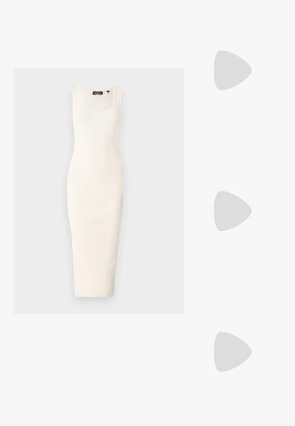 Ribota, bez piedurknēm, midi kleita off-white krāsā ar pieguļošu siluetu. Iezīmēts ar izliekto kakla izgriezumu un smalkām izliekuma šuvēm.; Melnas ādas šlipsveida kurpes ar norādītu purngalu, dekoratīvām joslām ar metāla acīm un zemu bloku papēdi. Teksturēta virsma.; Melnā somiņā ar strukturētu formu, ar augšējo rociņu, gludas ādas ārpusi un teksturētu audumu ar svītrām. Zelta aksesuāri.; Sudraba sirdī formas piekariņi ar iegravētiem "JĀ" un "NĒ" tekstiem, pulēta apdare, simetrisks dizains un izturīgs metāla aizdare.