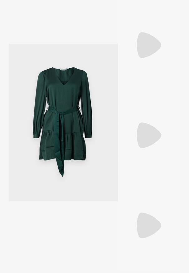 Green long-sleeve dress in soft, textured fabric. Features a V-neck, tie at the waist, and a tiered skirt. Simple, elegant design.; White cotton t-shirt featuring a large, bright red lobster graphic on the front. Short sleeves and standard crew neck design.; White high-top canvas sneaker with black rubber sole, front rubber toe cap, and six eyelets for laces, featuring a clean, minimalist design.; Red leather handbag with an angular, geometric design. Features a single adjustable strap and a flap closure with stitched detailing.