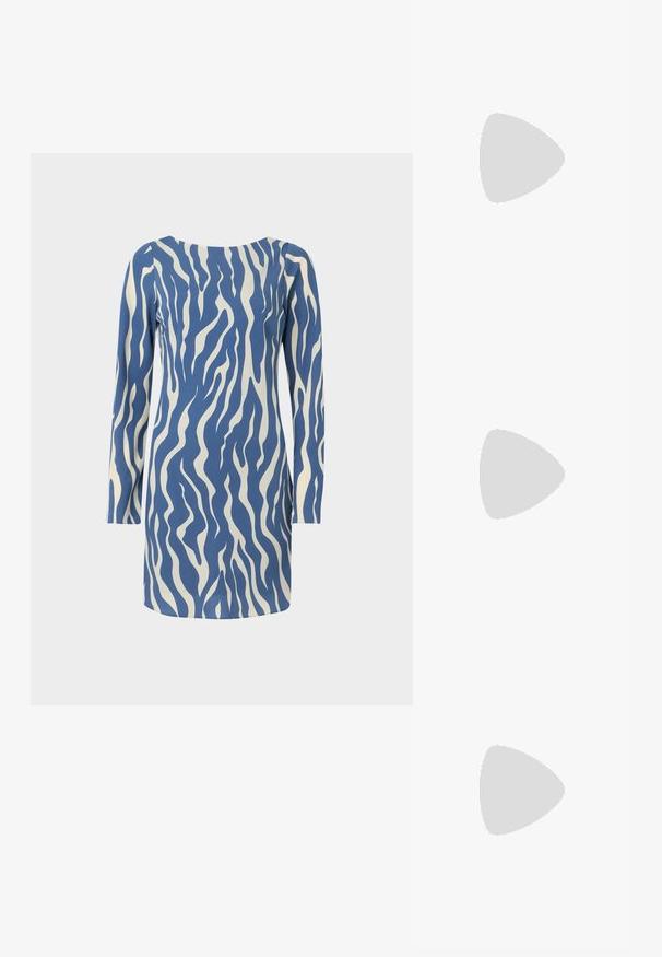 Sinine ja kreemjas pikkade varrukatega kleit lainemustriga, millel on ümardatud kaelus ja sirge lõige, valmistatud siledast kangast.; Kultaiset, metalliset slingback-kengät, joissa on teräväkärkiset ja paksut korot. Sileä pinta, minimalistinen muotoilu ja kapea hihna.; Musta nahkainen käsilaukku, joka on kaareva muotoilultaan, irrotettavalla hihnalla ja kultaisilla yksityiskohdilla. Laukussa on läppä, jossa on solk yksityiskohta.; Kultahipuinen korvakoru, jossa on sulavalinjainen, kaareva muotoilu. Ominaisuuksiin kuuluu erottuva terävä muoto, kiillotettu pinta ja sarana kiinnitys.