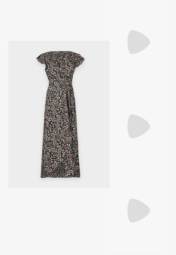 Melna ziedu maxi kleita ar īsām pūkām, kurai ir pieguļošs viduklis un plūstoša svārku daļa, rotāta ar rozā, zilajiem un bēšajiem ziediem.; Zeltaini, metāla kurpes ar siksniņām, norakans purngalis un masīla papēdis. Gluda tekstūra, minimālisma dizains un šaura siksna.; Melnas ādas rokassoma ar izliekta formu, noņemamu siksnu un zelta aksesuāriem. Somai ir vāciņš ar sprādzes detaļu.; Zeltīti metāla auskari ar gludu, izliekta dizaina. Ar atšķirīgu smailu formu, pulētu virsmu un eņģu aizdari.