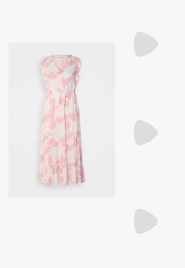 Gara kleita gaiši krēmkrāsas ar rozā lapu zīmējumiem. Iezīmē v veida kakla izgriezumu, ziedu piedurknes un jostiņu vidukļa daļā. Izplestos svārki ar vairākiem līmeņiem apakšmalā.; Bežīgas lakotas ādas slingback papēži ar smailu purngalu un šauru, kvadrātveida papēdi. Gluda tekstūra un minimālistisks dizains bez dekorēšanas elementiem.; Tortoiseshell saulesbrilles ar ovālu stiklu, brūnganiem toņiem, plāniem rokām ar faktūras rakstu, viegla plastmasas apmale.; Balta strukturēta roku soma ar īsām rokturiem un plecu siksnu, ar zelta aparatūras akcentiem un strukturētu materiālu, izstādīta uz pelēka fona.