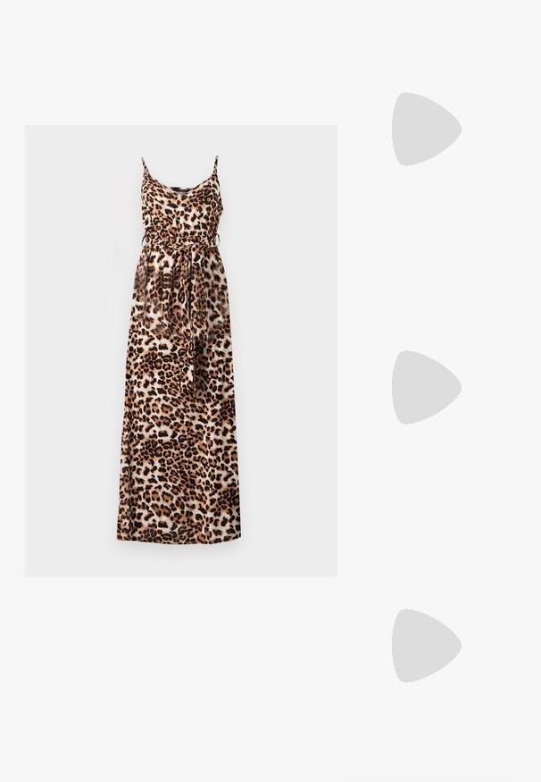 Vestido maxi com estampa de leopardo, com alças finas e cintura ajustada; feito de tecido leve, apresenta uma faixa elástica e detalhe de cordão.; Sandy em verniz preto com salto slingback, ponta afilada e salto geométrico. Apresenta um design elegante e minimalista com textura suave.; Óculos tortoiseshell castanhos com lentes ovais, hastes finas e acabamentos transparentes. Apresenta um logótipo subtil na têmpora. Design elegante e leve.; Bolsa tote preta em couro com textura lisa, forma retangular e duas alças longas. Sem hardware ou enfeites visíveis.