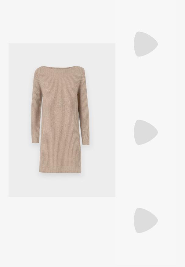 Robe pull en beige avec un décolleté bardot, des manches longues, une texture côtelée et une coupe décontractée.; Bottes de cowboy en cuir marron avec un bout pointu et un talon bloc, présentant des coutures détaillées et des accents en relief sur la tige.; Pochette en cuir noir avec un rabat et un détail en boucle en métal doré. Inclut une sangle noire et un design épuré et minimaliste.; Boucles d'oreilles en argent en forme de créoles avec un design torsadé, dotées d'une finition polie et d'une fermeture à poussoir. Mesurent environ 3 cm de diamètre.