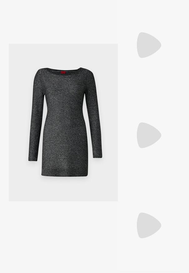 Black knit sweater dress with long sleeves, round neckline, and a subtle shimmering texture. Features ribbed hem and cuffs.; Black high-heeled sandals feature thin straps with a knotted design, a smooth square toe, and a sleek stiletto heel.; Light gray metallic handbag featuring a chain strap, embellished with small circular metallic studs and a triangular brand logo.; Silver hoop earrings with a smooth, shiny finish. Rounded shape, lightweight design, featuring a post-back closure.