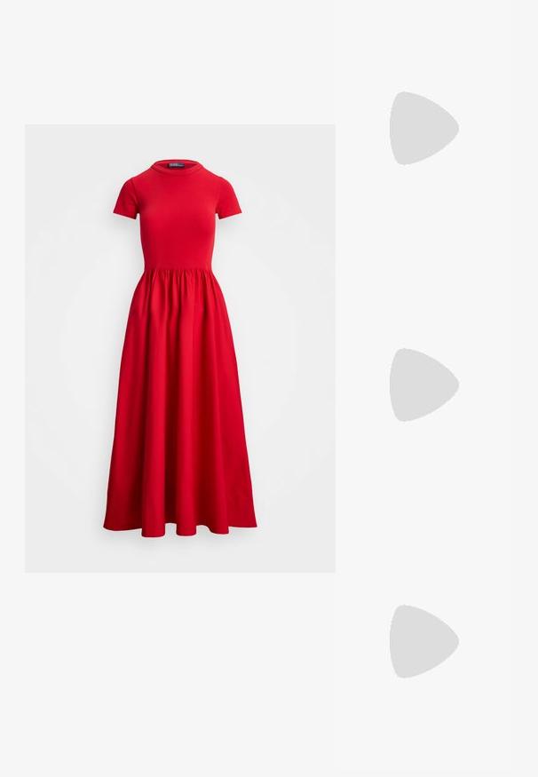 Red midi dress with short sleeves, fitted bodice, and gathered skirt. Made of smooth fabric with a round neckline and no visible closures.; White leather sneakers, low-top design, featuring a smooth texture, round toe, laced front, and a small embroidered logo on the side.; Black leather bucket bag with a textured finish, gold hardware accents, and an open top. Features a short handle and adjustable shoulder strap.; Gold-tone knot stud earrings with a twisted design. Each earring features a circular clear backing for secure wear.