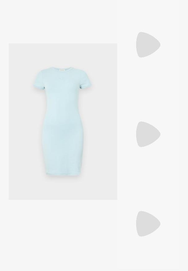 Light blue fitted dress made of soft material, featuring short sleeves and a round neck. Small embroidered logo on the chest. Smooth texture.; White leather sneakers with a thick white sole, black suede heel accent, and embossed logo on the side. Laced design with six eyelets.; Black oversized sunglasses with a geometric shape, featuring dark lenses and a contrasting grey detail on the frame. Logo on the arm.; Silver hoop earrings with a smooth, shiny finish. Rounded shape, lightweight design, featuring a post-back closure.