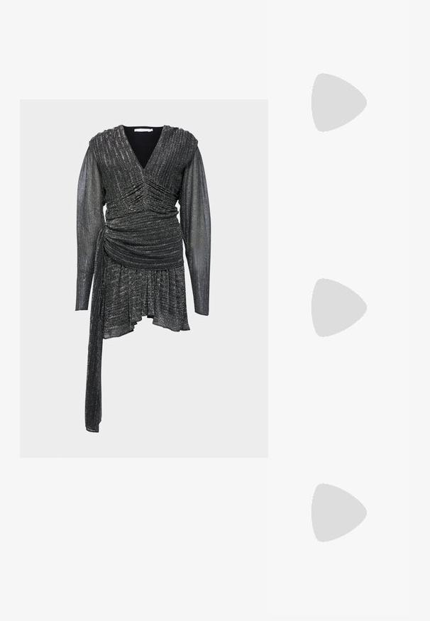 Black, sparkly dress with a V-neck, gathered details, long sheer sleeves, and an asymmetrical hemline. Textured fabric with shimmer.; Black leather slingback shoe with a pointed toe, decorative straps featuring metal eyelets, and a low block heel. Textured surface.; Black leather handbag with a curved design, featuring silver studs, a buckle, and two side pockets. Adjustable strap for carrying options.; Black leather handbag with a curved design, featuring silver studs, a buckle, and two side pockets. Adjustable strap for carrying options.; Rabanne XL LINK  DOUBLE HOOP EARRINGS - Earrings - gold-coloured