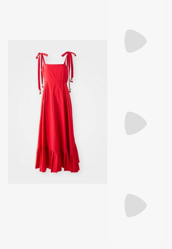 Red sleeveless midi dress with ruffled hem, tied shoulder straps, and small cherry embellishments on the straps.; Strappy high-heeled sandal in white leather with a sleek design, a transparent block heel, and a decorative element at the toe.; Gold metal eyeglasses with oval lenses, slim arms, and clear nose pads. Features subtle hinge accents and transparent lenses.; Set of 16 silver bangles with various textures, including smooth, twisted, and beaded patterns, arranged in four rows on a white background.