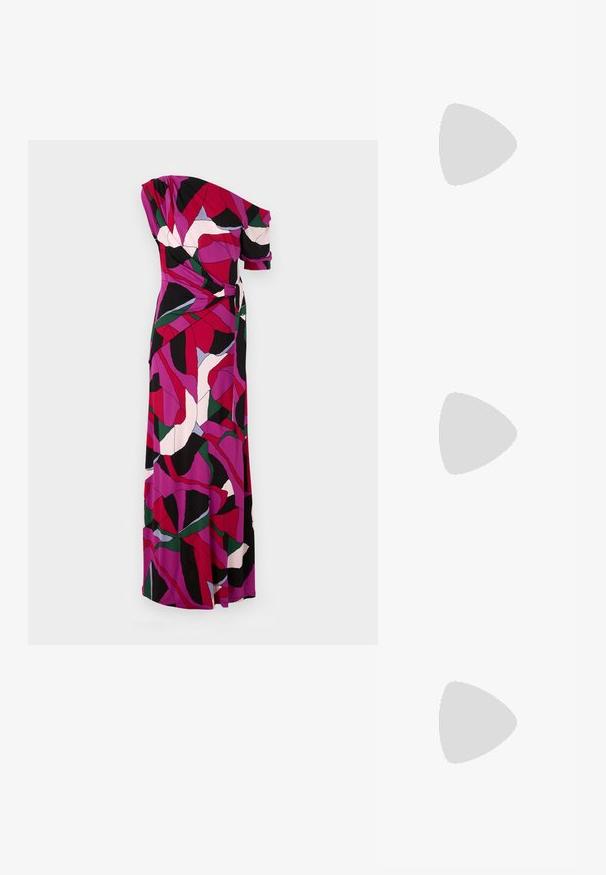 Maxi-mekko, jossa on yksi olkaimeton hiha, jossa on värikäs lehtikuvio pinkin, violetin, vihreän ja mustan sävyissä. Valmistettu kevyestä kankaasta.; Beige loafers med präglad mönster, röd accentrand och glänsande svag klack. Har en rem med spänne. Platt svart sula.; Mustat ylisuuruiset aurinkolasit, jotka ovat soikeat linssit, sileä muovikehys ja kultaiset korostukset temppeleissä. Tummat linssit tarjoavat suojaa auringolta.; Musta nahkakäekott, millel on frantsiisidetailid, kuldne õlgade rihm ja lõikega käepide. Ees on logo paigutus.