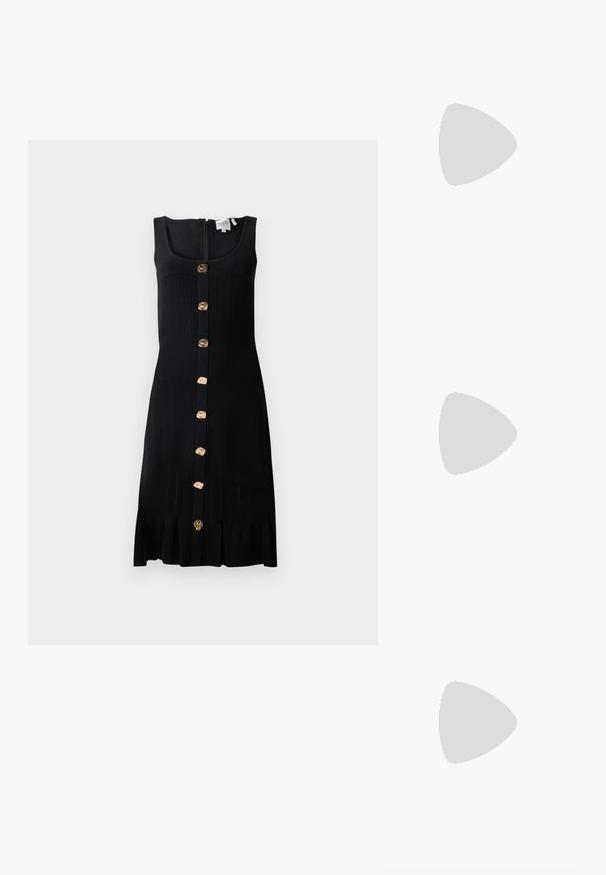Mustmust ketidress, millel on jäik ülaosa, kuldtoonides nupud esipool ja laineline alläär. Tagaküljel on lukuga sulgemine.; Must musta nahk sandaal kolme rihmaga, pahkluu vööga ja 4-tollise stilettakontsaga. Omab kuldset detaili ja logovõtit.; Must küllastamata nahast õlakott, millel on kaks esist nähtavat taskut, kuldsed pandlad, tõmblukuga sulgemine ja peen rihm. Tekstuuriga pind ja kompaktne ristkülikukujuline kuju.; Kullatud rõngaste kõrvarõngad, millel on poleeritud viimistlus, pakuvad paksu ringikujulist disaini ja kindlat sulgemismehhanismi. Sile tekstuur ja läikiv välimus.