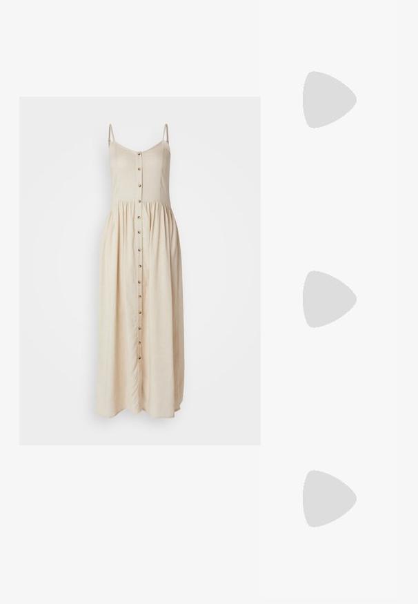 Roșie maxi rochie cu bretele subțiri ajustabile, față cu nasturi și talie adunată pentru o siluetă fluidă. Fabricată dintr-un material ușor.; Pantofi cu toc slingback din piele lacuită neagră, cu vârf ascuțit și toc geometric. Prezintă un design elegant, minimalist și o textură netedă.; Geantă din piele neagră, cu o formă curbată, curea detașabilă și accesorii aurii. Geanta are un capac cu un detaliu tip cataramă.; Cercei aurii cu forme texturate și ondulate. Include studs sculpturale cu clip și un design de cerc deschis cu un finisaj cioplit.