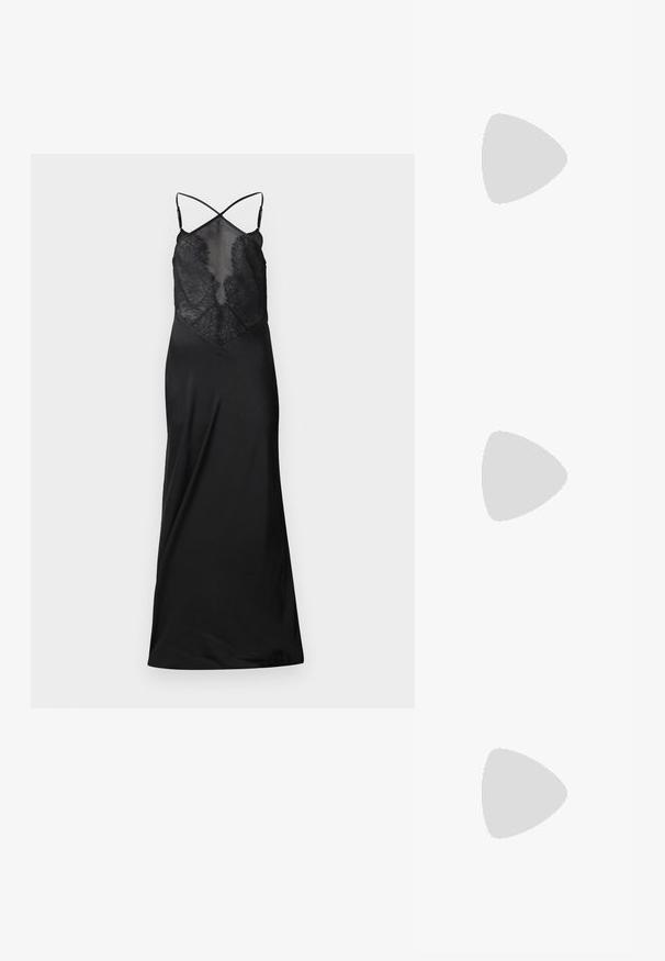 Must mustar, millel on sobiv pitsist korpus, reguleeritavad ristihaaratud sangad ja voolav satiinist seelik. Omab sujuvat tekstuuri ja elegantset disaini.; Valge ribaga tank top ümmarguse kaelusega ja metallist aksessuaari detailiga õlal. Pehme tekstuur, istuv disain ja ilma varrukateta stiil.; Põuejope pruuni ja musta mustriga, kokku sobitatud pruuni madu nahast mini-seelikuga, mustade reie kõrguste saapadega ja väikese musta kotiga.; Must värvi nahast käekott, millel on kaarjas disain, hõbedased nupukesed, kinnitusahe ja kaks külgtaskut. Reguleeritav rihm erinevate kandmisvõimaluste jaoks.