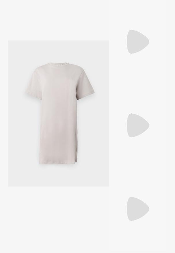 Light gray oversized t-shirt dress made of smooth fabric. Features short sleeves, a round neckline, and side slits for ease of movement.; White cotton t-shirt featuring a large, bright red lobster graphic on the front. Short sleeves and standard crew neck design.; White high-top canvas sneaker with black rubber sole, front rubber toe cap, and six eyelets for laces, featuring a clean, minimalist design.; Red leather handbag with an angular, geometric design. Features a single adjustable strap and a flap closure with stitched detailing.